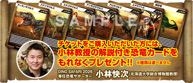 チケットをご購入いただいた方には、小林教授の解説付き恐竜カードをもれなくプレゼント!!